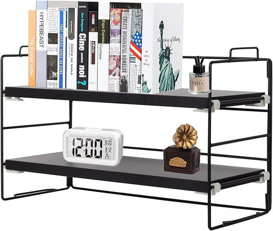 PowerKing Desk Shelf Organizer, 2-Tier Desktop Shelves with Wood Board, Adjustable Bookshelf Storage Rack for Home Office School Study Room (Black Frame + Black Wood)-NeatNest