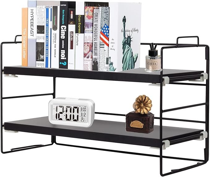 ShellKingdom Desk Shelf Organizer, 2 Tier Desktop Shelves, Adjustable Bookshelf Storage Rack and Office Cubicle Decor for Tabletop, School, Office, Dorm Organization (Black)-NeatNest
