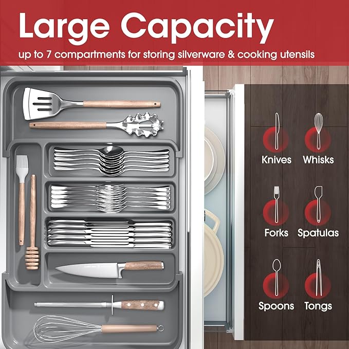 Aujen Silverware Organizer - Expandable Kitchen Drawer Organizer, Adjustable Utensil Organizer, Cutlery Tray for Forks, Knives, Multipurpose Kitchen Organizers and Storage Solution, Grey, Medium-NeatNest