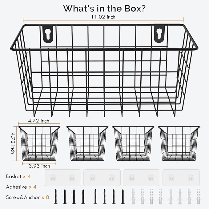 MaraFansie Hanging Wire Baskets Kitchen Storage Basket Adhesive and Screws Basket Over the Cabinet Door Organizer with Adhesive Strips and Screws Accessories, 2 Installations, 4 Pack, Black-NeatNest