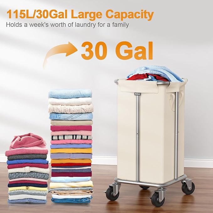 Laundry Basket with Wheels, 115L Rolling Laundry Hamper Large Dirty Clothes Hamper Cart with Steel Frame and Removable Bag, Bedroom Bathroom Dorm Room Laundry Room Organization Hampers, Beige