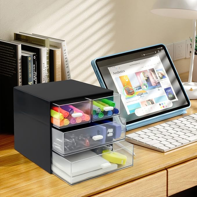 Desk Organizer with Drawer, Desk Storage Box, Plastic Office Stationery Supplies Organizers, Desktop Organizer for Office School Home (4 drawer, Black)-NeatNest