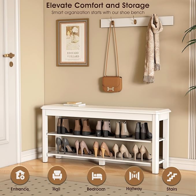 Shoe Rack Bench Seat Rubberwood 2-Tier Wooden Storage Bench 550lbs Compact Mid-Century Modern Design for Entryway, Hallway, Closet, Front Door Entrance, Foyer-NeatNest