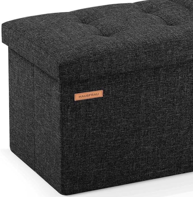 HAUSFRAU Storage Ottoman Foot Rest Stool, Small Folding Ottoman with Storage, Tufted Square Cube Footrest, Linen Black