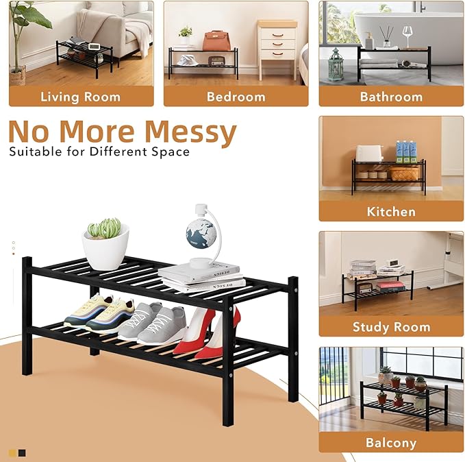 2 Tier Bamboo Shoe Rack Storage Organizer for Closet, Multifunctional Stackable Free Standing Shoe Shelf Organizer for Small Space,Entryway,Hallway,Bathroom 27"x11"x13" (Black, 2 Tier)-NeatNest