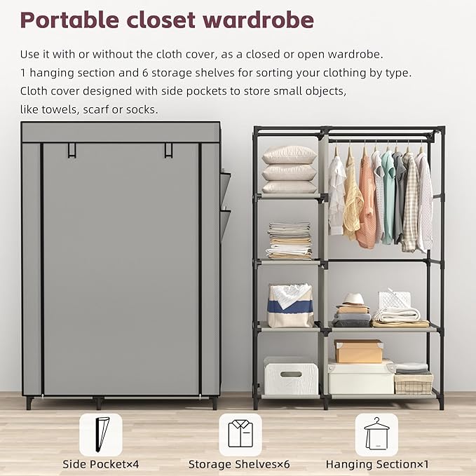 Calmootey Portable Closet Organizers, Clothing Storage, Wardrobe with 6 Shelves and Hanging Rod, Non-Woven Fabric Cover with 4 Side Pockets, Grey-NeatNest