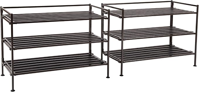 Seville Classics Sturdy Freestanding Storage Shelf for Bedroom, Closet, Entryway, Dorm Room Organizer, Stackable Durable Metal Shoe Rack, Espresso Slat, 3-Tier (2-Pack)-NeatNest