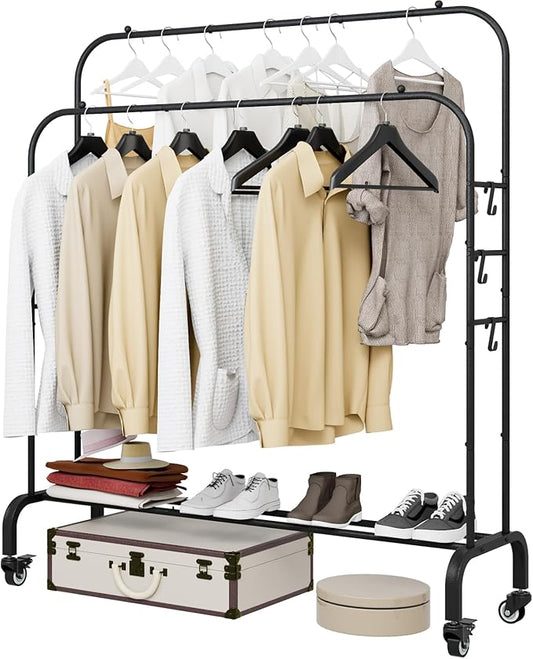 Garment Rack with Wheels Clothing Rack for Hanging Clothes Multi-functional Bedroom Clothes Rack，Black+Double RodsBlack-NeatNest