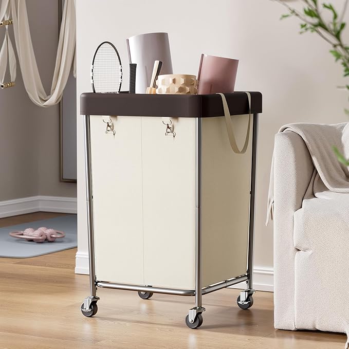 Chrislley 160L Laundry Hamper with Wheels, 2 Section Large Laundry Basket with Removable Bag, Steel Frame Dirty Clothes Hamper, Rolling Laundry Cart for Bedroom, Bathroom, Dorm, Hotel, Beige
