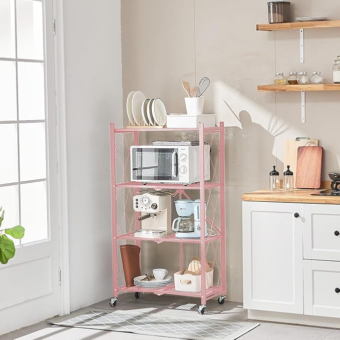 BRIAN & DANY 4-Shelf Foldable Storage Shelves with Wheels, Folding Metal Rack Shelving Unit, Heavy Duty No Assembly Organizer Shelf for Garage, Kitchen, Basement, Pantry, Pink-NeatNest