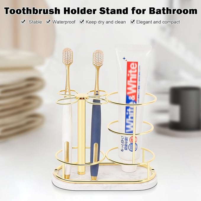 HarJue Toothbrush Holder Stand for Bathroom, Metal Toothbrush Organizer with Marble Base, Toothbrush Storage Collection for Family, Suitable for Home Hotel Countertop Vanity (Medium, Gold)