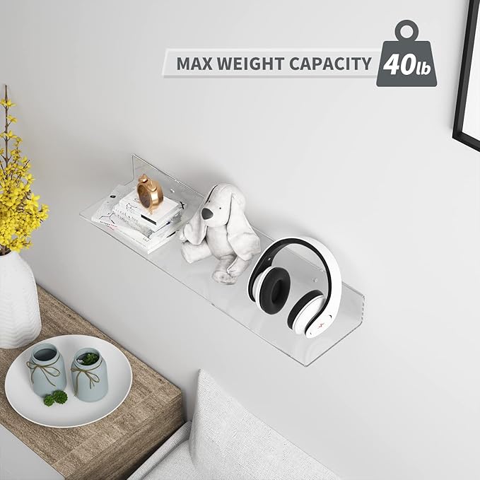 24 Inches Clear Floating Shelves for Wall, Acrylic Long Wall Shelf, Wall Mounted Shelves for Plants, Speaker, Radio, Funko Pop, Stuffed Animal, Books, Cosmetics, Toiletries, 2 Pack (24 Inch)-NeatNest
