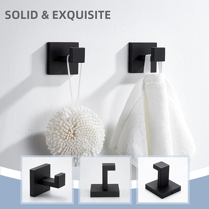 Angle Simple Matte Black Towel Hooks for Bathroom, SUS 304 Stainless Steel Square Wall Coat Hooks, 2 Pack