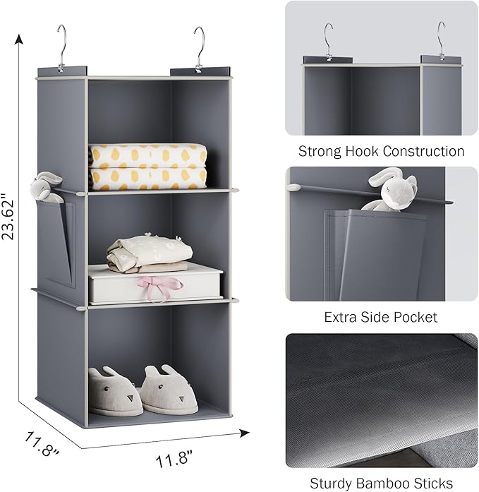 Hanging Closet Organizer, 3-Shelf Closet Hanging Storage Shelves, Grey-NeatNest