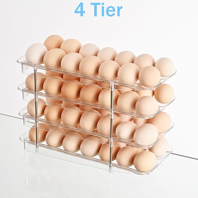 Egg Holder,4 Tier Clear Organizer with Auto-Roll Design, Adjustable Height Egg Storage Container Holds Up to 56 Eggs for Refrigerator,Kitchen Cabinet