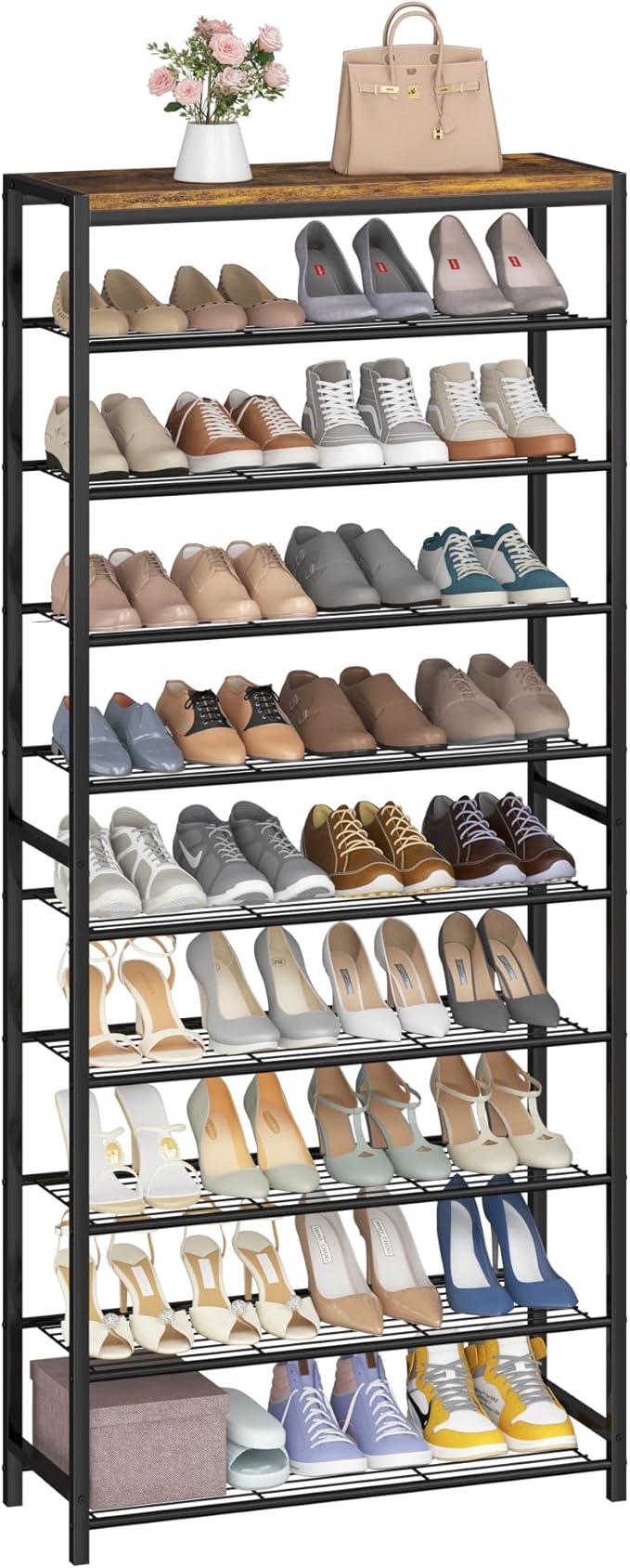 HOMEFORT 10 Tiers Shoe Rack Organizer,30" Shoe Storage Shelf for Closet, Shoe Rack for Entryway,Holds 36-40 Pairs of Shoe, Tall Shoe Stand with Metal Shelves and MDF Top Board,Rustic Brown-NeatNest