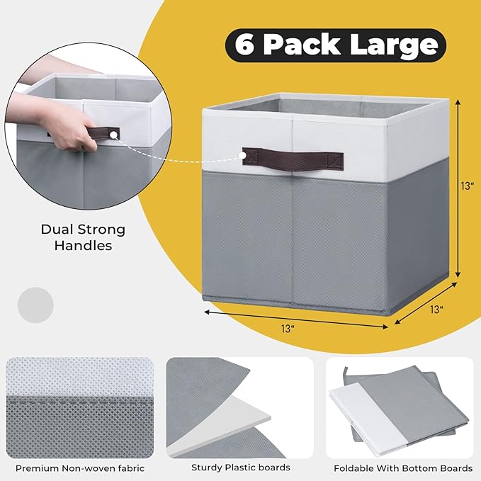 Criusia Large Storage Cubes -6 Set Closet Organizers Bins for Clothes -13 inch Fabric Storage Baskets for Shelves, Cube Organizer/ Toy Storage Organizer/ Dorm Room Essentials/ House warming Gift-NeatNest
