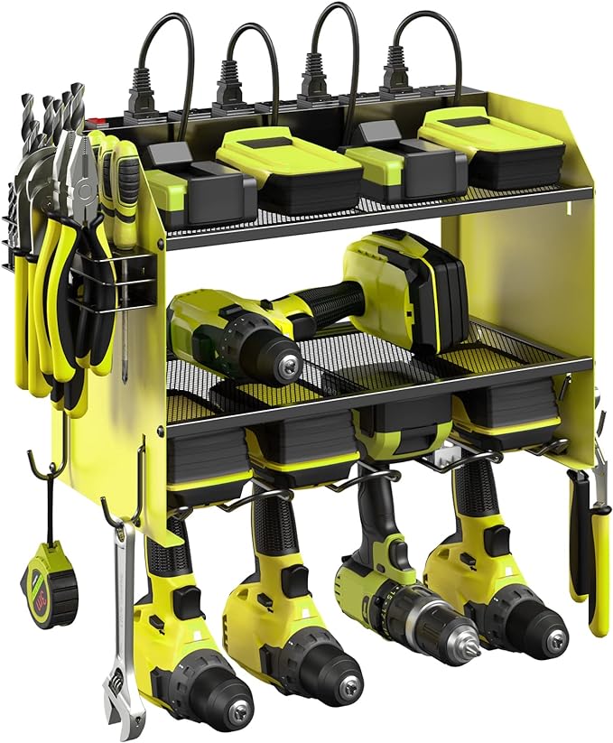 CCCEI Modular Power Tool Organizer Wall Mount with Charging Station. Garage 4 Drill Storage Shelf with Hooks, Screwdriver, Drill Bit Heavy Duty Rack, Tool Battery Holder Built in 8 Outlet Power Strip.-NeatNest