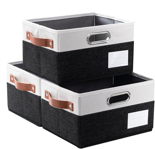 PRANDOM Foldable Storage Bins with Handles [3-Pack] Fabric Collapsible Storage Boxes Baskets Cubes Containers with Handles for Closet Living Room Bedroom (Black & White 11.5x8.5x6.7'')-NeatNest