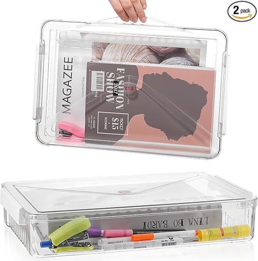 2 Packs A4 File Box Portable Project Case with Handle Clear File Box Craft Construction Paper Storage Organizer for Scrapbook, Photo, Scrapbook, Board Game