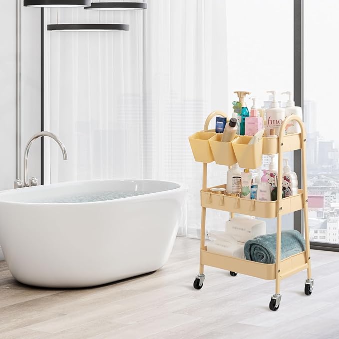 danpinera 3-Tier Rolling Cart, Metal Rolling Storage Cart with Lockable Wheels & Hanging Cups & Hooks, Mobile Trolley for Kitchen, Bathroom, Office, Workshop, Yellow-NeatNest