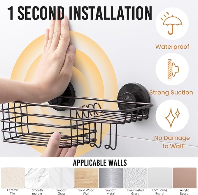 LEVERLOC Shower Caddy Suction Cup, Heavy Duty Bathroom Organizer for Inside Shower with Hooks & Soap holder， NO-Drilling Bathroom Holder-Brown