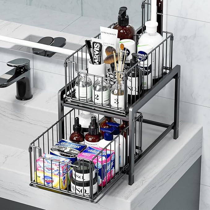 2 Tier Sliding Basket Drawer Organizer, Lxmons Pull Out Under Sink Cabinets Organizers, Metal Home Shelf for Bathroom or Kitchen, Sliding Countertop or Pantry Storage Shelf, Large Black-NeatNest