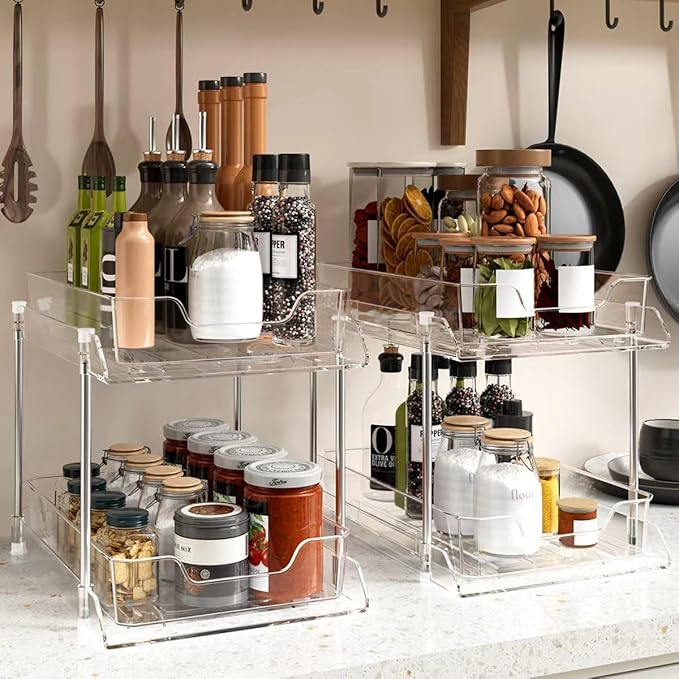 JLKDQ 4 Pack Bathroom Under Sink Organizers and Storage, 2-Tier Pull Out Medicine Cabinet Organizing- Kitchen, Pantry, Medicine Storage Bins, Vanity Makeup.(Clear,10.63" L x 8.0" W x 8.46" H).-NeatNest
