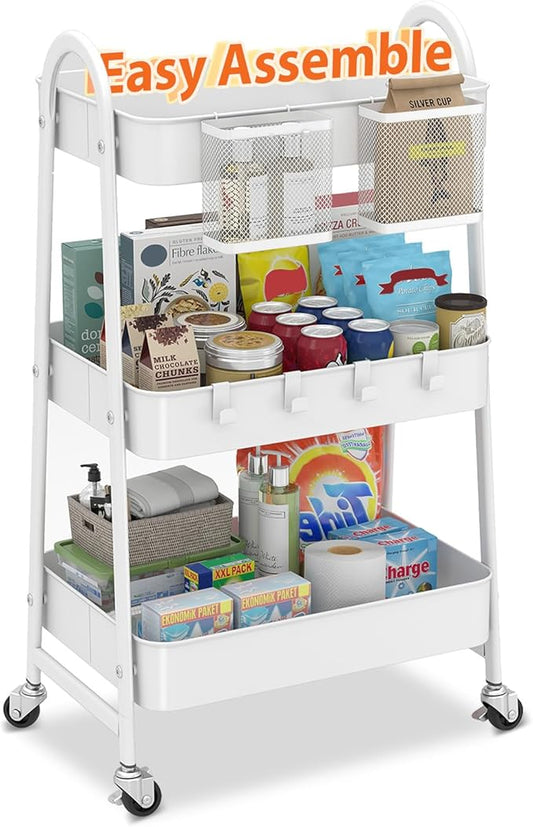 Sekey 3 Tier Rolling Cart Metal, Easy Install Utility Cart on Wheels, Hanging Cups & Hooks, Heavy Duty Storage Cart with Lockable Wheels for Baby Nursery, Bathroom, Kitchen, Laundry Room, White