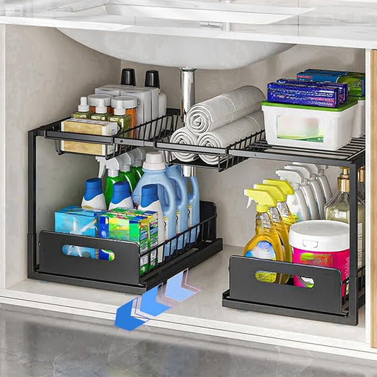 FOXMIND Under Sink Organizer,Double Drawers Large Volume 2 Tier Slide Out Sink Shelf Cabinet Storage Shelves,Adjustable Width(23.6"-29.5"),2 Adjustable Basket,Black-NeatNest