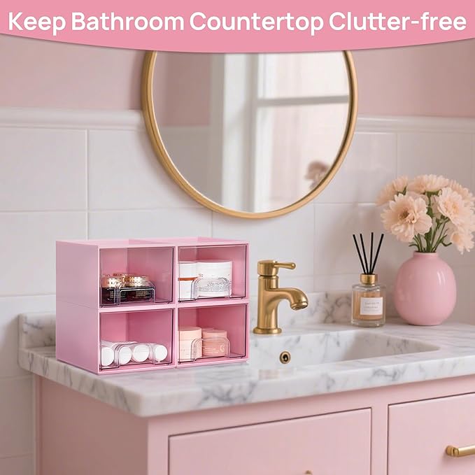 Vtopmart 4Pack Stackable Storage Drawers, 4.4'' Tall Bathroom Makeup Organizer,Plastic Storage Bins For Vanity, Undersink, Kitchen Cabinet, Pantry, Home Organization(Pink)-NeatNest