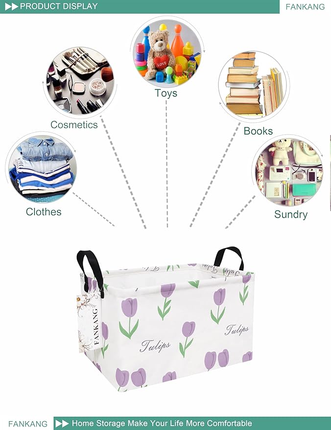 FANKANG Storage Bins, Nursery Hamper Canvas Laundry Basket Foldable with Waterproof PE Coating Large Storage Baskets for Kids Boys and Girls, Office, Bedroom, Clothes,Toys(Rec-tulips