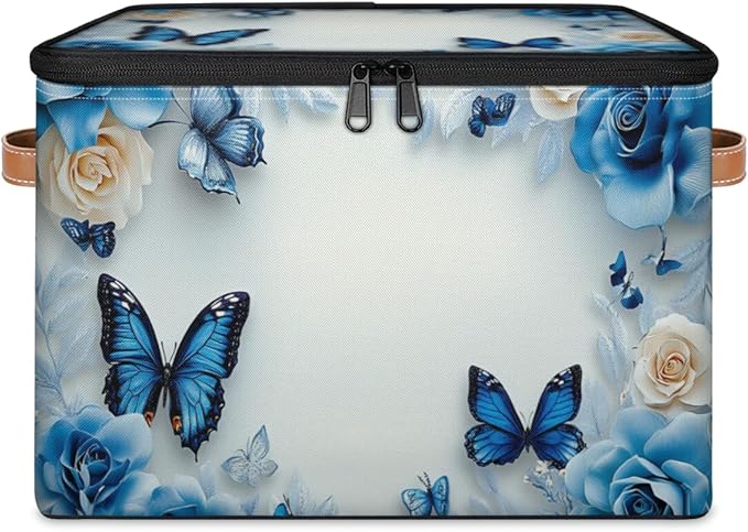 Butterfly Storage Bins with Zipper Lid, Blue Rose Lidded Storage Baskets Boxes Foldable Organizer with Leather Handles for Clothes Closet Shelf Toys-NeatNest