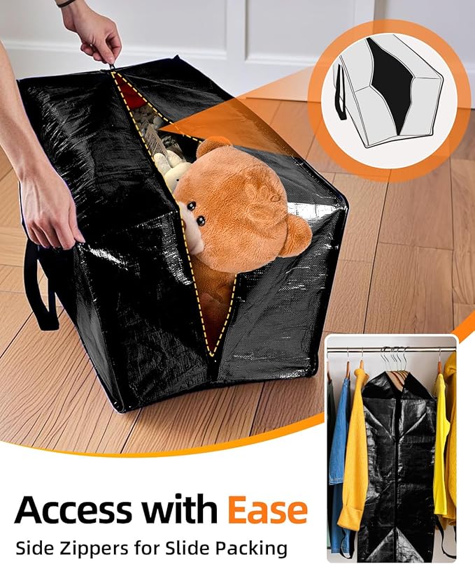 12 Pack Extra Large Moving Bags, Heavy Duty Packing Bags with Zippers and Handles for Space Saving, Clothes Storage, College Essentials, Travel, Black