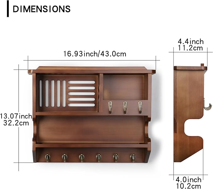 Key Holder for Wall, Mail and Key Holder for Home Decor, Key and Mail Holder for Wall with Key Hooks, Walnut