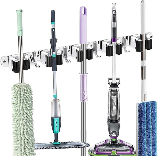 Mop Broom Holder Wall Mount, Stainless Steel Broom Organizer Wall Mounted Self Adhesive, Garage Laundry Room Garden Organization Tool Storage Rack, Heavy Duty Hangers 5 Racks and 4 Hooks-NeatNest