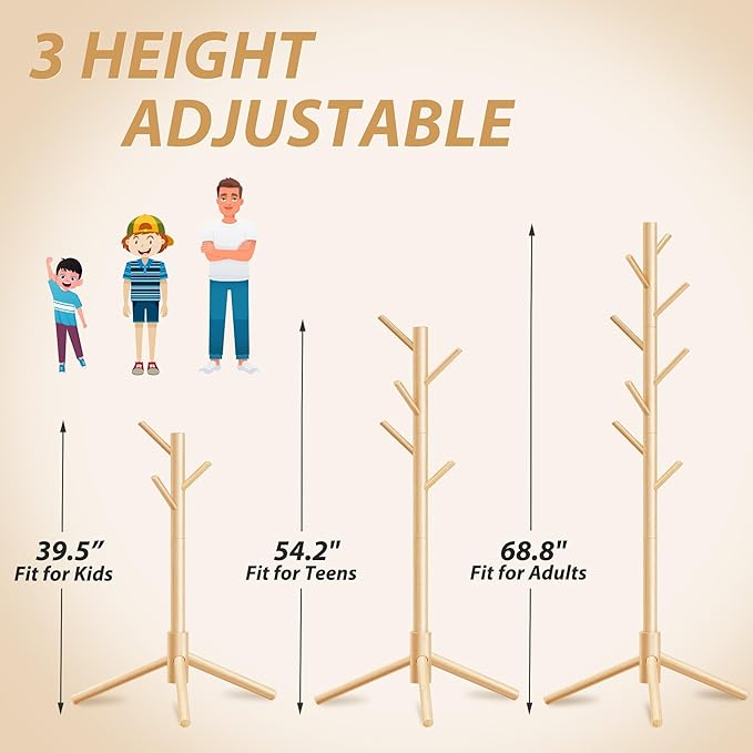 Durable Wooden Coat Rack, Freestanding Coat Rack with Stable Triangular Base, 8 Hooks & 3 Adjustable Heights, Simple Assembly for Bedroom, Hallway, Office(New Nature)-NeatNest