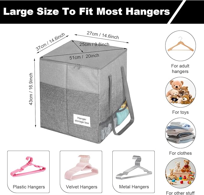 Clothes Hanger Organizer Bag with Lid,Rigid Hanger Storage Containers,Hanger Caddy Organizer Box with Handle and Label Window Keep Closet Laundry Rooms Tidy (Grey)-NeatNest