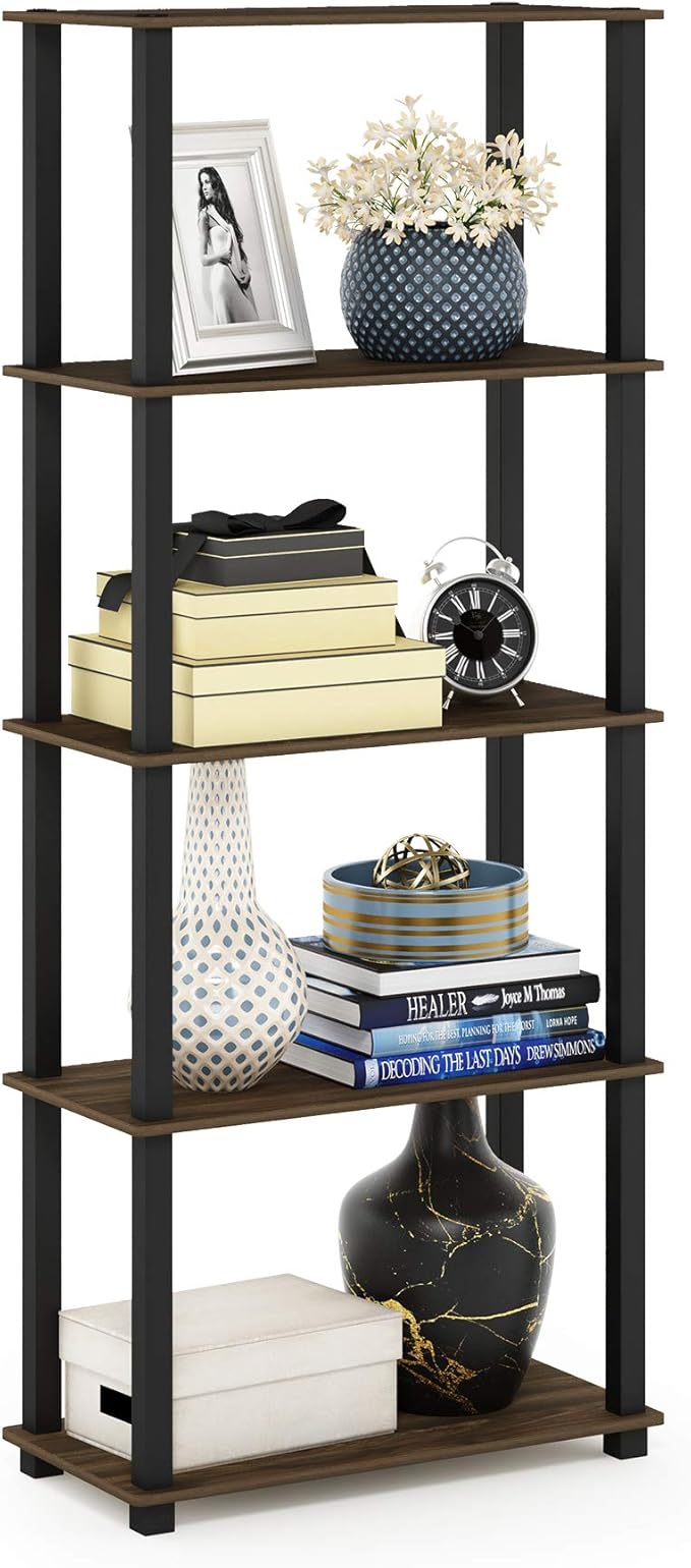Furinno Turn-N-Tube 5-Tier Multipurpose Shelf / Display Rack / Storage Shelf / Bookshelf, Square Tubes, Columbia Walnut/Black-NeatNest