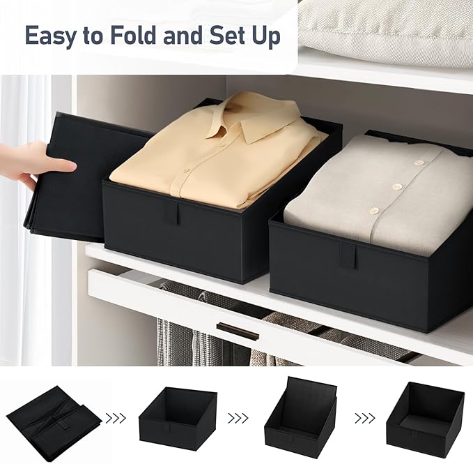 DIMJ Trapezoid Storage Bins for closet shelves, Closet Organzier Bins with Handle, Foldable Closet Storage Bins Basket, Closet Organizers and Storage for Toys, Books, 6 Packs, Black-NeatNest