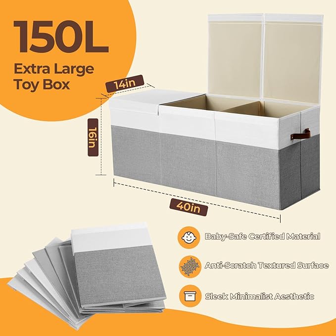 Extra Large Toy Box,150L Foldable Sturdy Toy Storage with Lid, 40"x14"x16" Kids Storage Organizer, Toy Chest for Boys&Girls,for Living Room,Nursery,Bedroom,Playroom,Large Capacity Toybox(Grey)