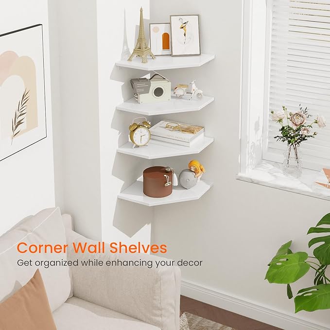 Homode Corner Wall Shelf, Corner Shelf Floating, Set of 4 Wooden Hanging Corner Shelves with Wire Hole for Bathroom Living Room Office, White-NeatNest