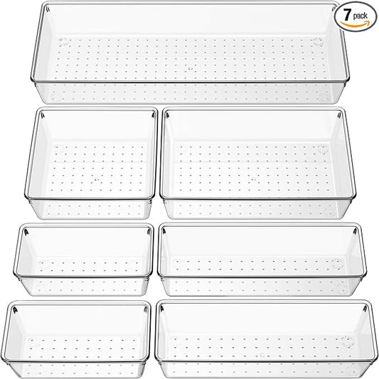 Criusia Clear Drawer Organizer 7 PCS - 5 Size Plastic Versatile Kitchen and Bathroom Organizer Trays, Non-Slip Storage Bins for Makeup, Utensils, Tool and Office Desk-NeatNest