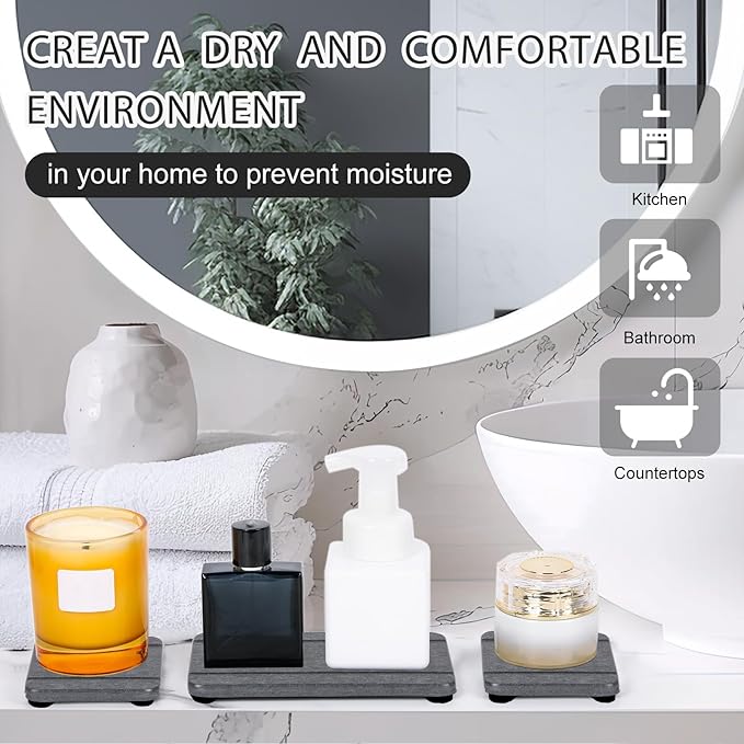 4PCS Stone Drying Trays for Bathroom Sink and Kitchen Counter, Water Absorbing Stone Tray with Diatomaceous Earth, Soap Dish and Coaster-NeatNest