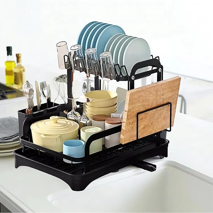 Household Kitchen Countertop Dish Rack - Adjustable Utensil Drying Rack & Plate Bowl Organizer with Drainer Tray - Space-Saving Storage for Dishes, Cups, Chopsticks