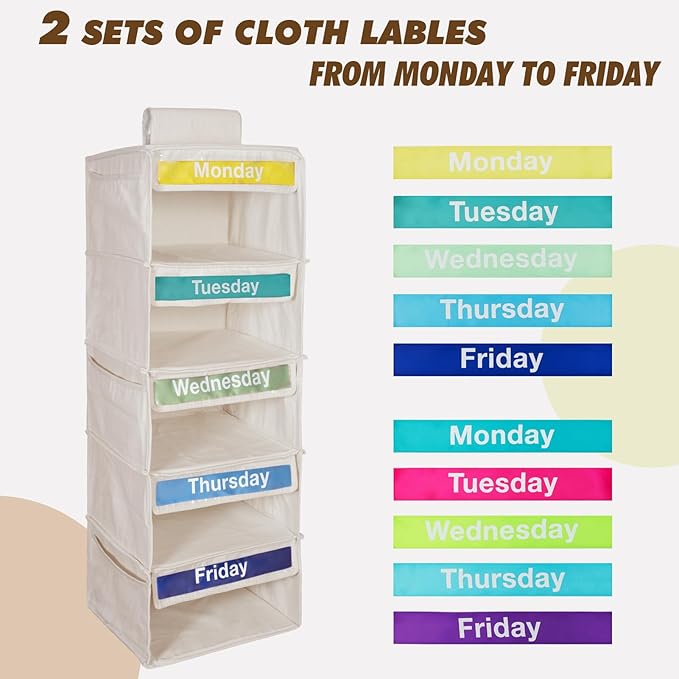 Weekly Clothes Organizer for Kids-Day of The Week Clothes Organizer for Kids-Kids Daily Clothes Organizer-Monday Friday Clothes Organizer-Kids Closet Organizer (Warm white)-NeatNest