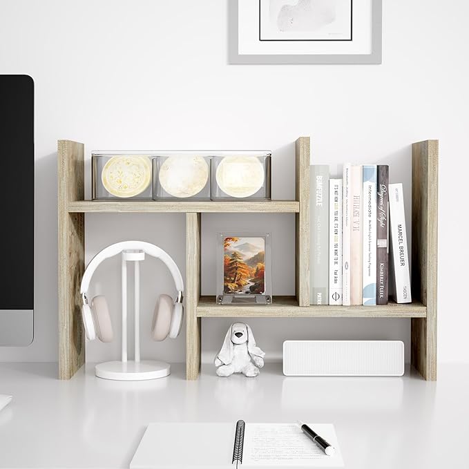 Jerry & Maggie Desktop Organizer Office Storage Rack Adjustable Wood Display Shelf Free Style Double H, Multi-Functional Mini Bookshelf for Desk Natural Stand (Gray Oak)-NeatNest