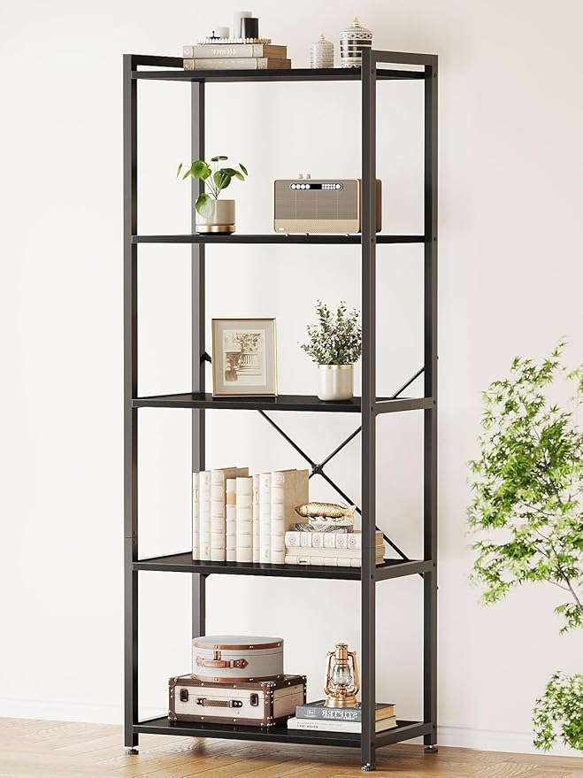 Casaottima Book Shelf, 5 Tier Bookshelf, Modern Wood Bookcase Shelves for Bedroom, Industrial Display Shelf for Living Room Home Office Kitchen, Standing Shelving Unit Storage Organizer, Black-NeatNest