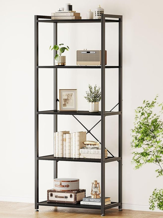 Casaottima Book Shelf, 5 Tier Bookshelf, Modern Wood Bookcase Shelves for Bedroom, Industrial Display Shelf for Living Room Home Office Kitchen, Standing Shelving Unit Storage Organizer, Black-NeatNest