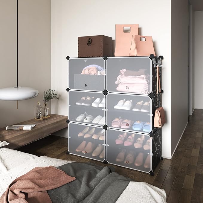 ROJASOP Portable Shoe Rack Organizer 6-Tier Shoe Cabinet 24-Pair shoe Storage Expandable Free Standing Stackable Space Shoe Rack with 2 exclusive Versatile Hooks for Bedroom Black-NeatNest